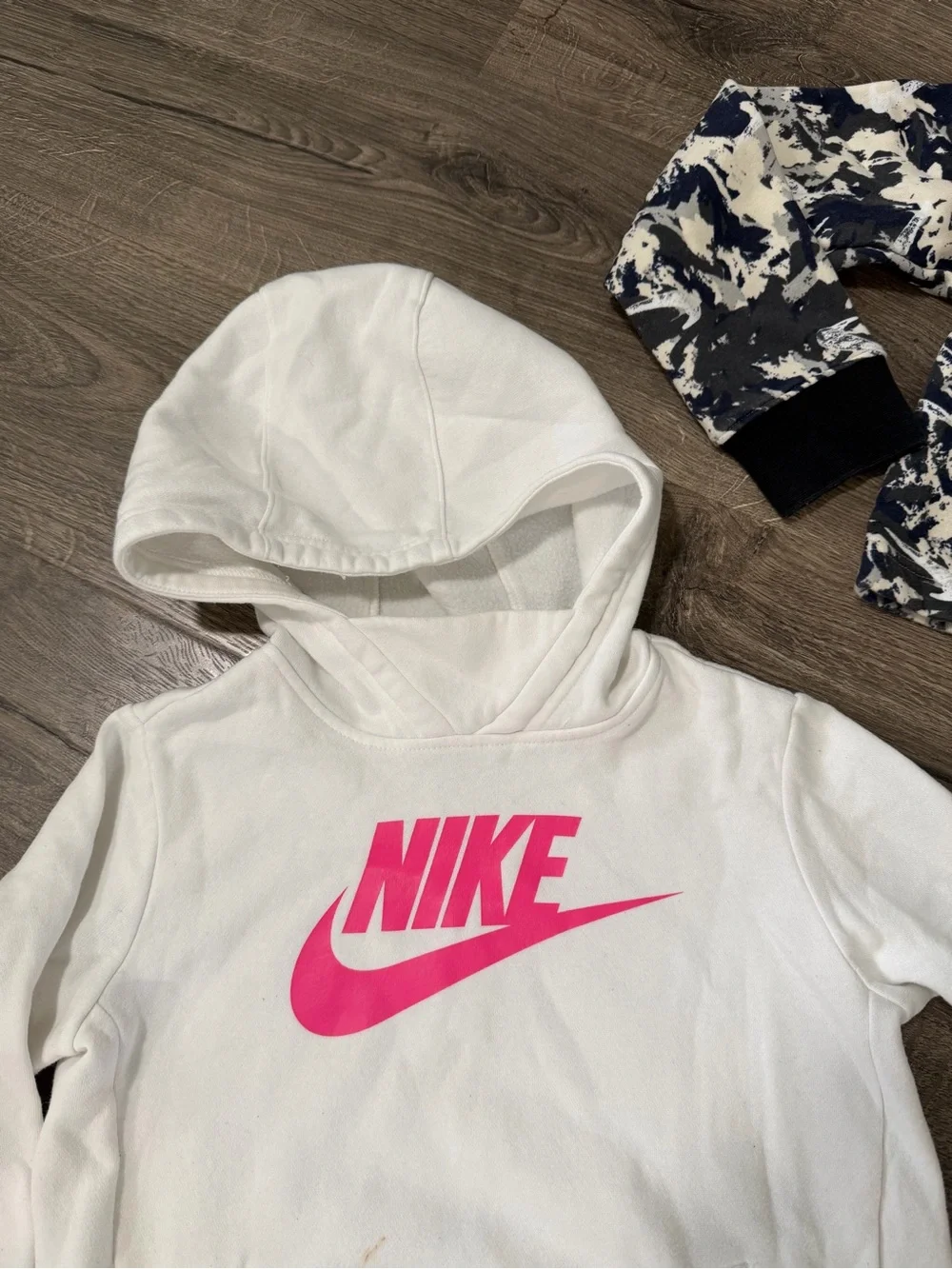 Nike White Hoodie with Pink Swoosh & Navy Camo Gold-Logo Sweatshirt Set